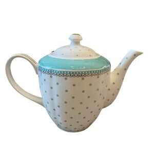 Grace Teaware Fine Porcelain Aqua Josephine Teapot Gray Dots Gold Accents New